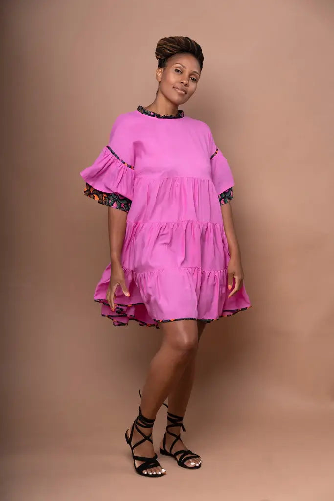 Neena Tiered Kaftan Mini Dress Sensual Carmine Rose