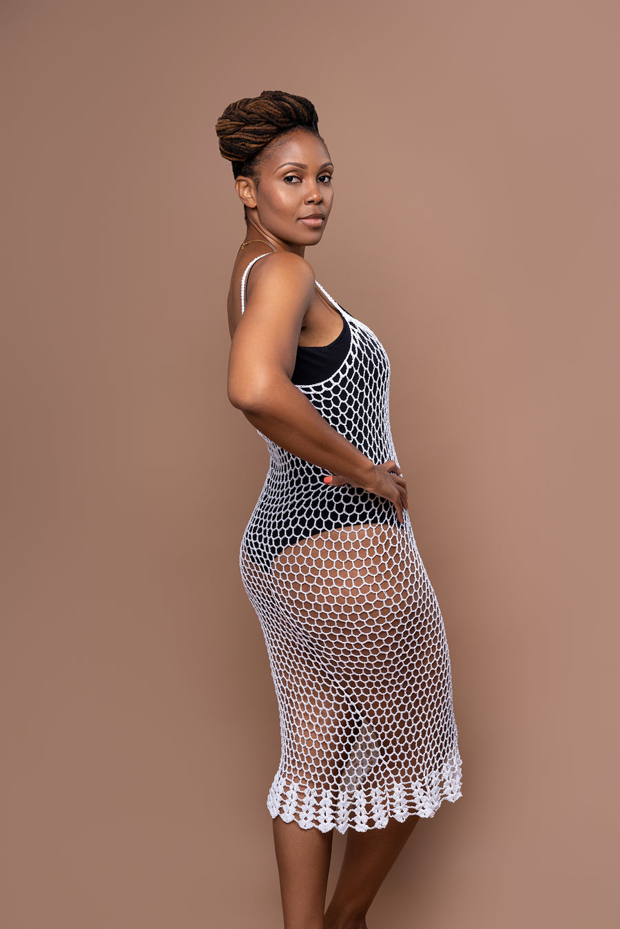 Marley Mesh Handmade Crochet Knit Dress - Stone white