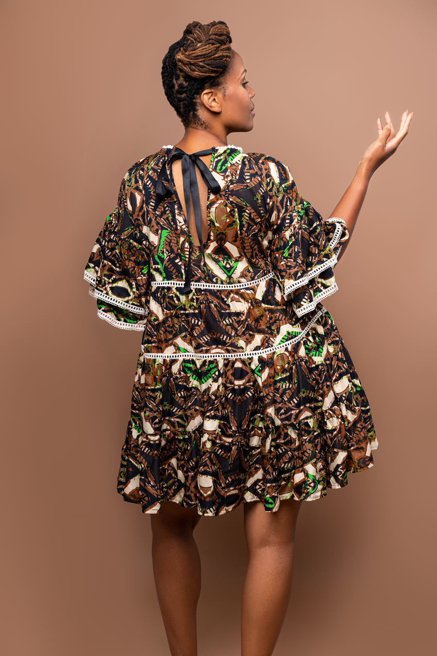 Neena Tiered Kaftan Mini Dress in Penny Lime Brown - Furkat & Robbie