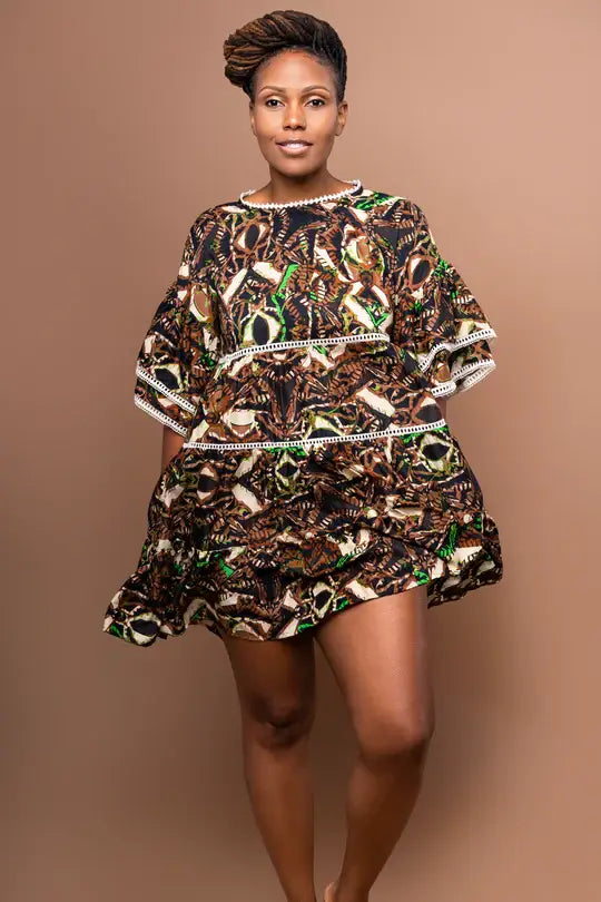 Neena Tiered Kaftan Mini Dress in Penny Lime Brown - Furkat & Robbie