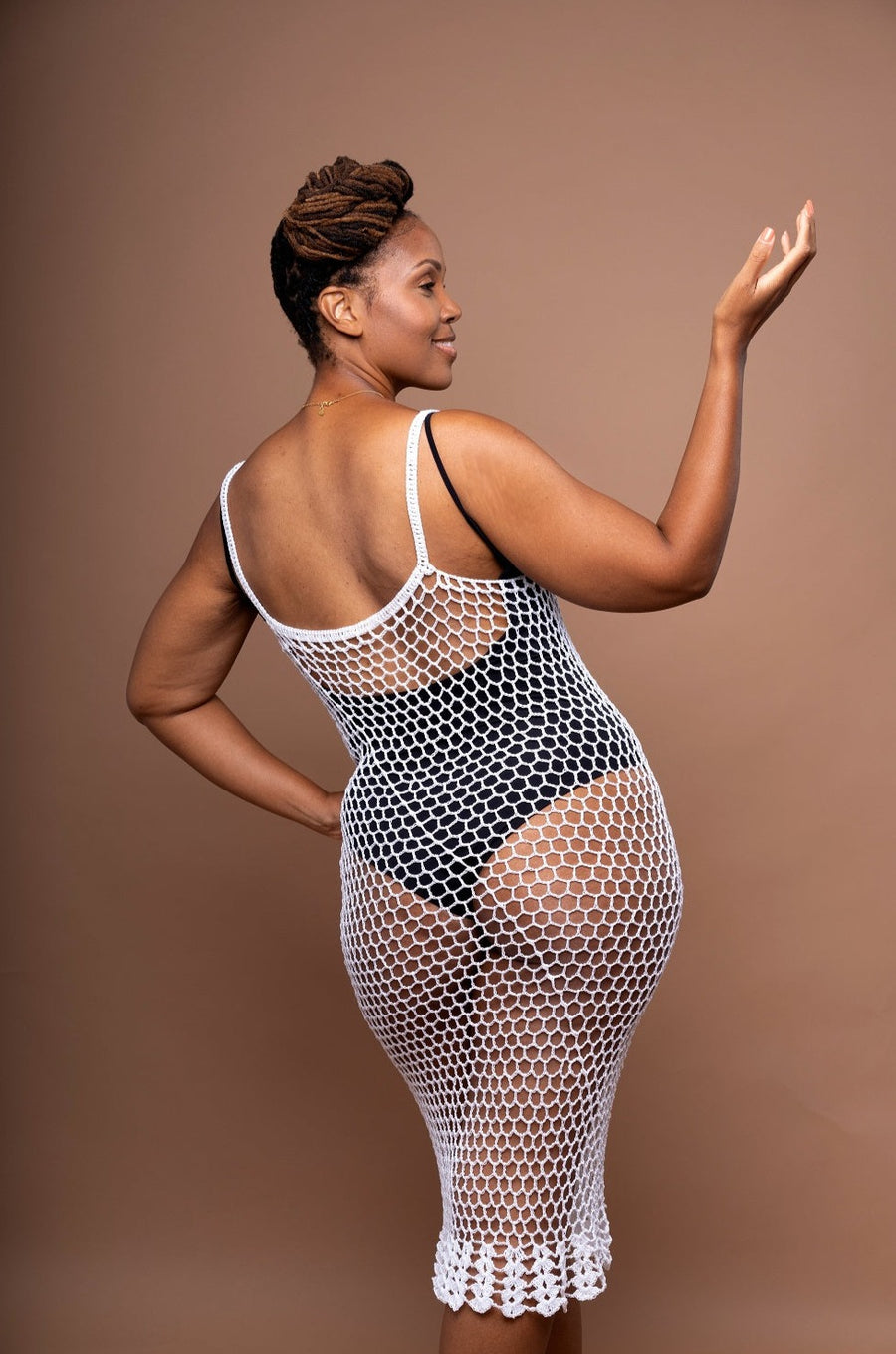 Marley Mesh Handmade Crochet Knit Dress - Stone white