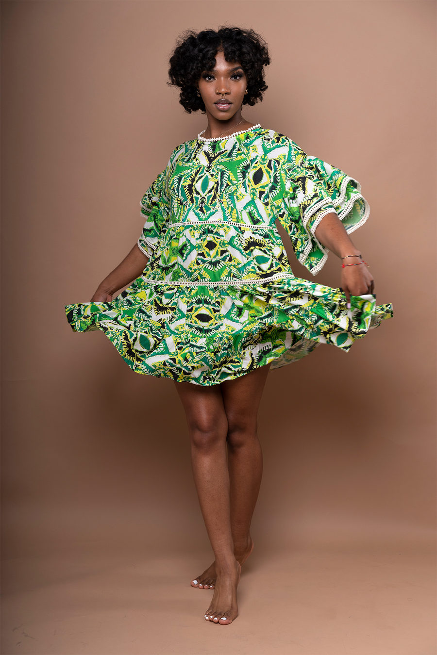 Neena Tiered Kaftan Mini Dress in Neon Citrine XL/2X Neena Tiered Kaftan Mini Dress in Neon Citrine XL/2X